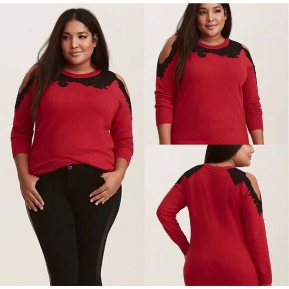 Torrid Red Black Lace Cold Shoulder Sweater Size 2X - Picture 1 of 8